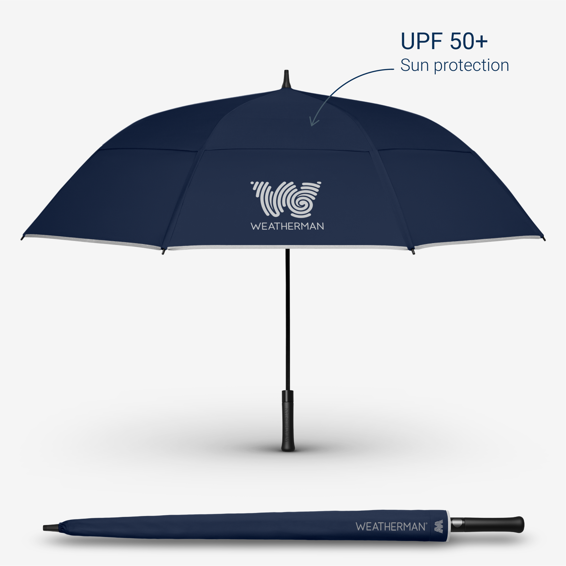 Weatherman Golf Umbrella in navy blue with UPF 50+ sun protection feature.