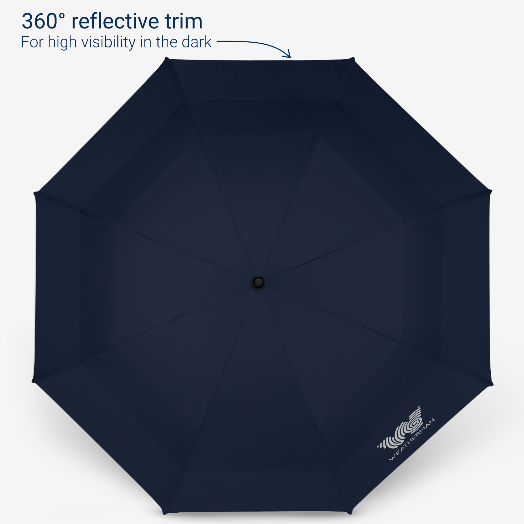 Weatherman Golf Lite Umbrella in navy blue with 360 degree reflective trim feature.