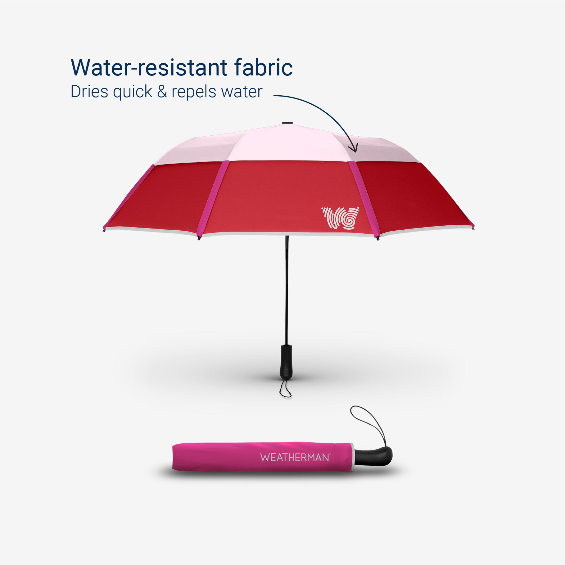 Weatherman Collapsible Umbrella in red and pink with water-resistant fabric feature.