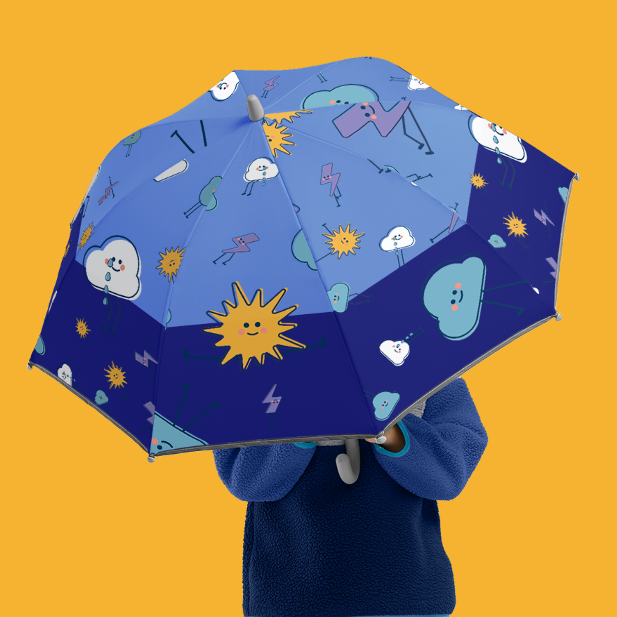 Splash Blue Patterned Kids Umbrella with Weatherman Characters