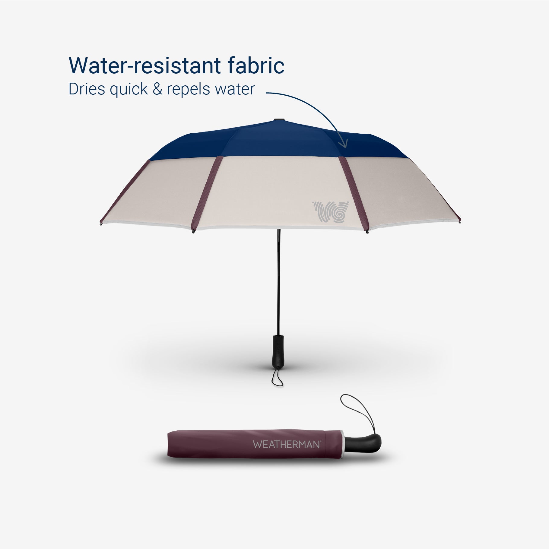 Weatherman Collapsible Umbrella in grey and blue with water-resistant fabric feature.